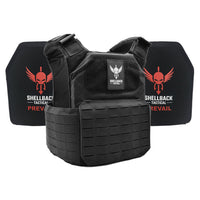 Thumbnail for A black Shellback Tactical Shield 2.0 Active Shooter Kit with Level IV 1155 Plates vest with the word bulletproof on it.