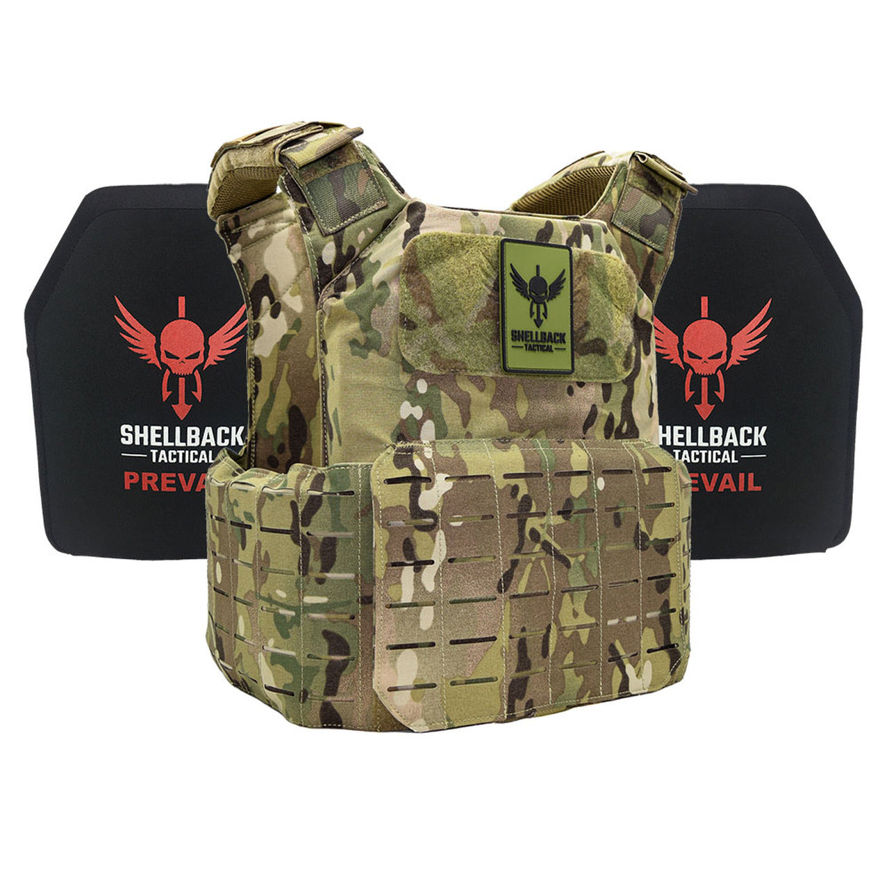 A Shellback Tactical Shield 2.0 Active Shooter Kit with Level IV 1155 Plates plate carrier with a red and black design.