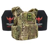 Thumbnail for A Shellback Tactical Shield 2.0 Active Shooter Kit with Level IV 1155 Plates plate carrier with a red and black design.