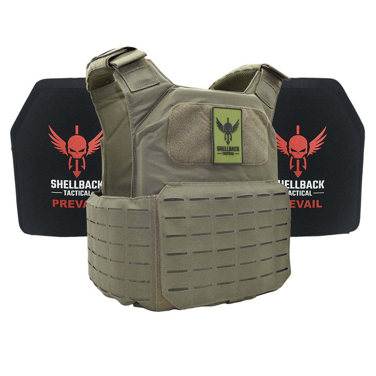A Shellback Tactical Shield 2.0 Active Shooter Kit with Level IV 1155 Plates with a red and black logo on it.