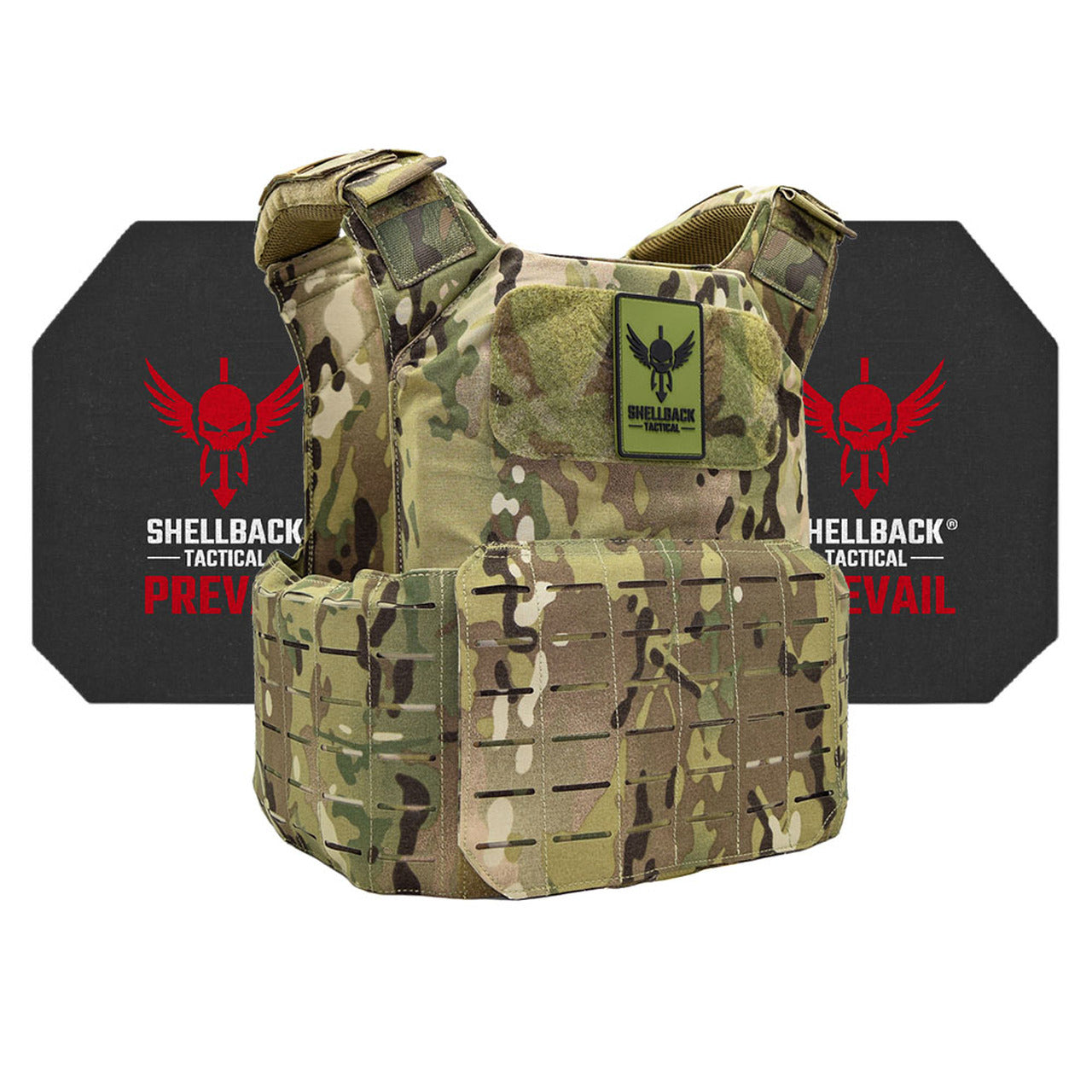 A Shellback Tactical Shield 2.0 Active Shooter Kit with Level IV 4S17 Plates plate carrier with the shieldblack logo on it.