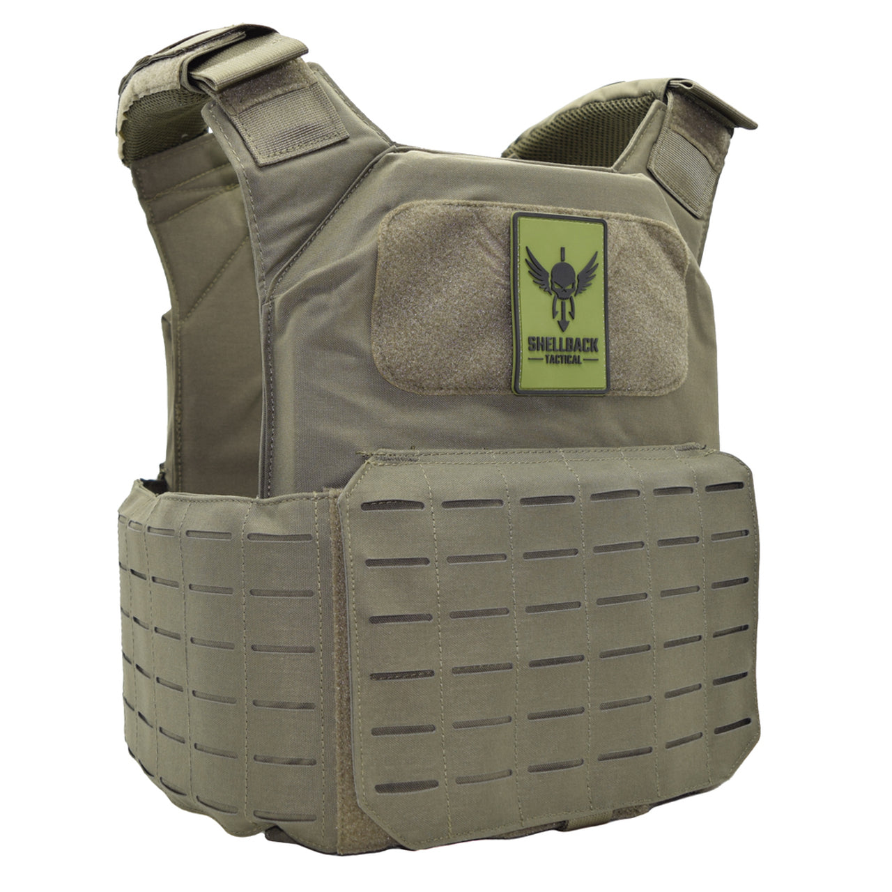 A Shellback Tactical Shield 2.0 Plate Carrier with a green logo on it.