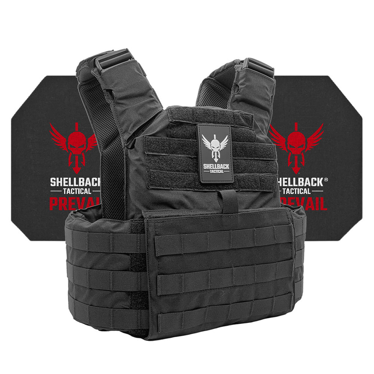 A black Shellback Tactical plate carrier with the Shellback Tactical Skirmish Active Shooter Kit with Level IV 4S17 Plates logo on it.