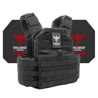 Thumbnail for A black Shellback Tactical plate carrier with the Shellback Tactical Skirmish Active Shooter Kit with Level IV 4S17 Plates logo on it.