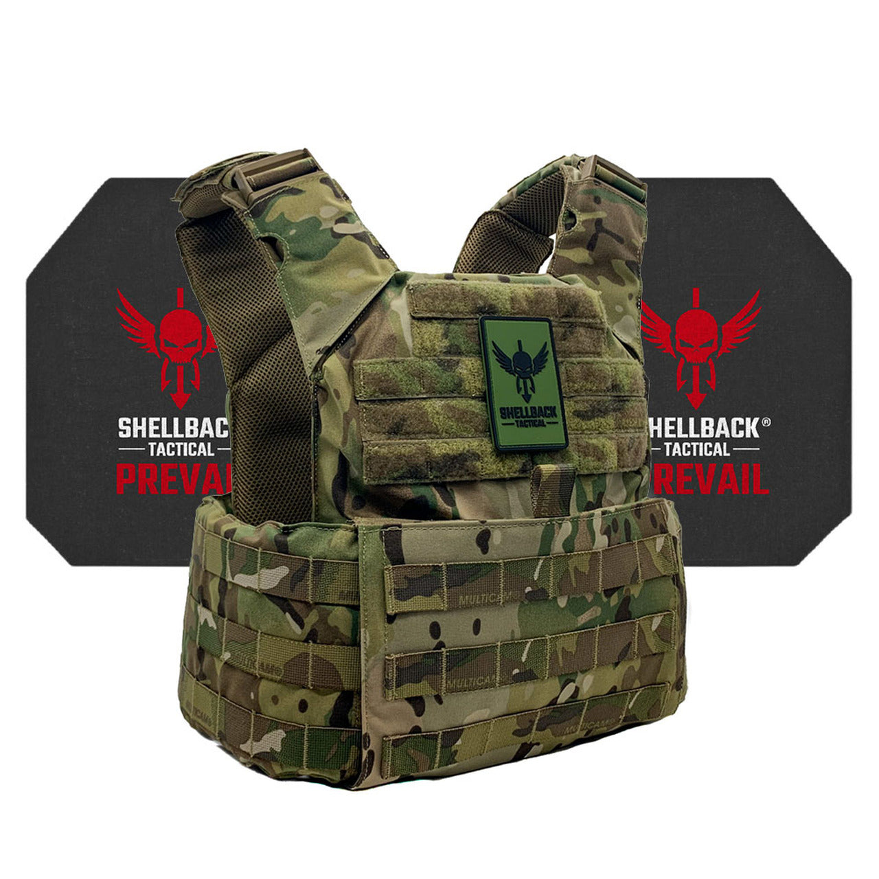 A Shellback Tactical Skirmish Active Shooter Kit with Level IV 4S17 Plates plate carrier with the Shellback Tactical logo on it.