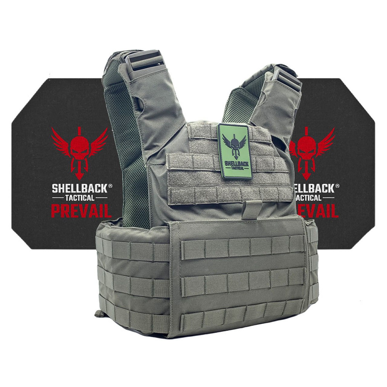 A green vest with the Shellback Tactical Skirmish Active Shooter Kit with Level IV 4S17 Plates logo on it.