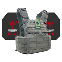 Thumbnail for A green vest with the Shellback Tactical Skirmish Active Shooter Kit with Level IV 4S17 Plates logo on it.