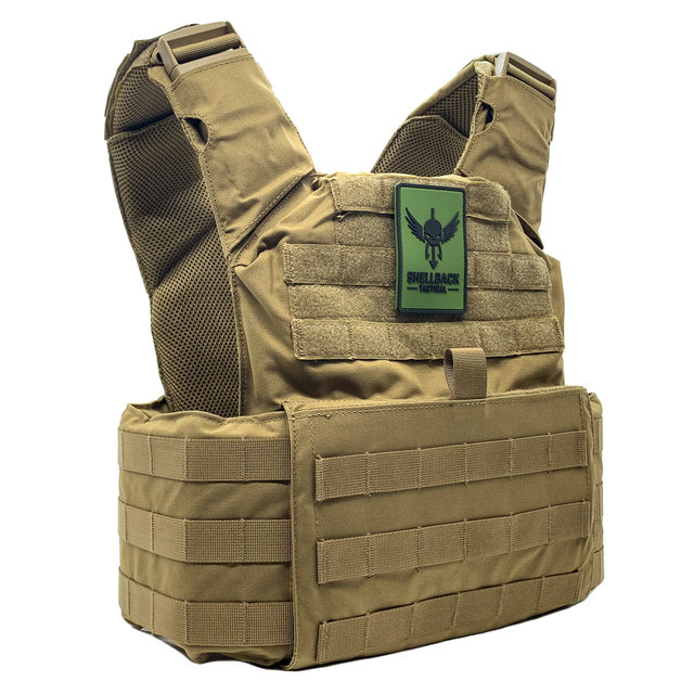 A Shellback Tactical Skirmish Plate Carrier with a green patch on it.