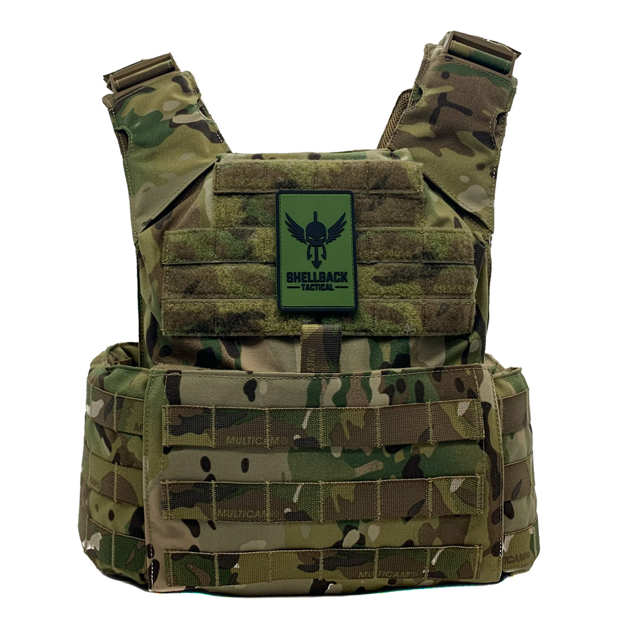 A Shellback Tactical Skirmish Plate Carrier with a camouflage design.