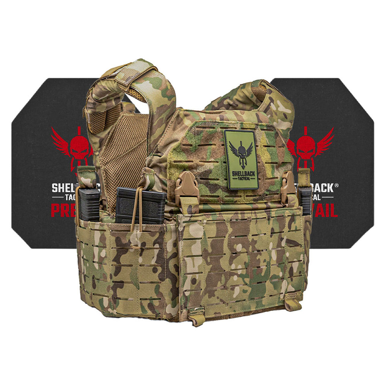 A Shellback Tactical Rampage 2.0 Active Shooter Kit with Level IV 4S17 Plates plate carrier with a multicam camouflage pattern.