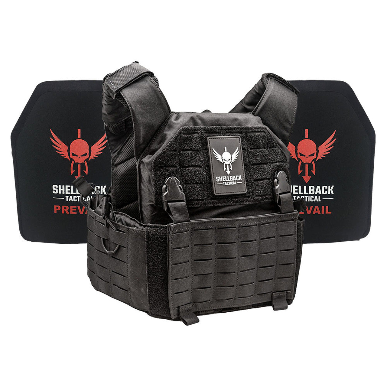 A Shellback Tactical Rampage 2.0 Active Shooter Kit with Level III Single Curve 10 x 12 Hard Armor plate carrier with a red shield on it.