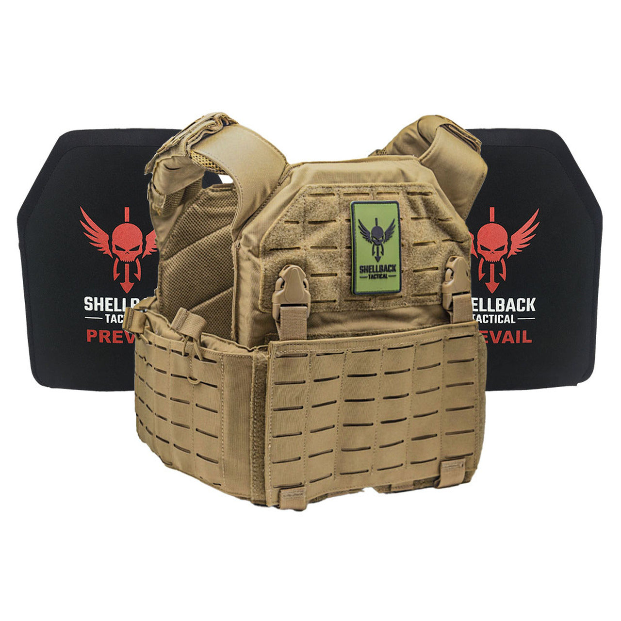 A Shellback Tactical Rampage 2.0 Active Shooter Kit with Level III Single Curve 10 x 12 Hard Armor plate carrier with a green and black logo.