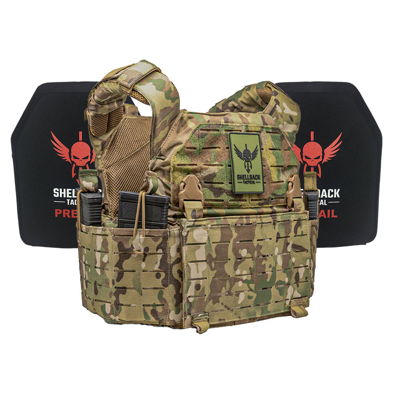 A Shellback Tactical Rampage 2.0 Active Shooter Kit with Level III Single Curve 10 x 12 Hard Armor plate carrier with a holster on it.
