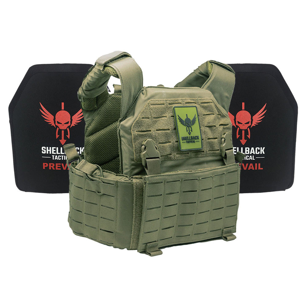 A Shellback Tactical Rampage 2.0 Active Shooter Kit with Level III Single Curve 10 x 12 Hard Armor plate carrier with a red and black logo.