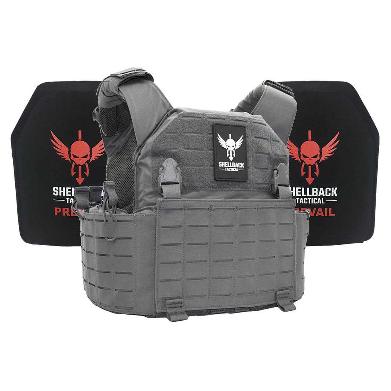 A Shellback Tactical Rampage 2.0 Active Shooter Kit with Level III Single Curve 10 x 12 Hard Armor plate carrier with a red and black design.