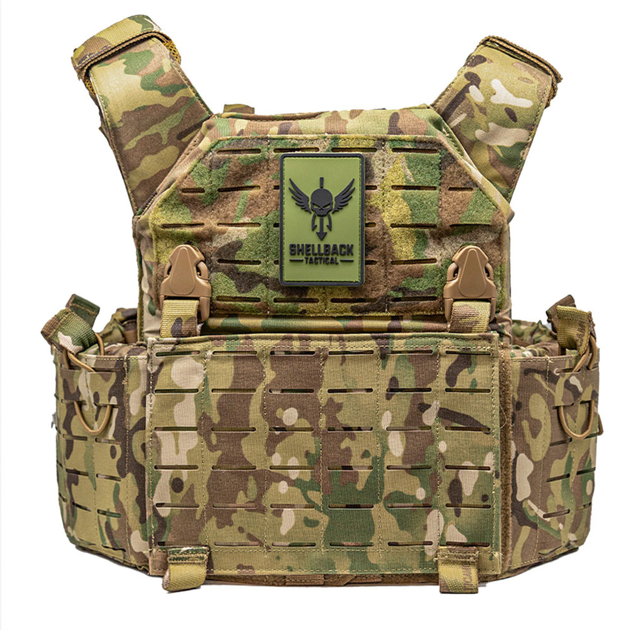A Shellback Tactical Rampage 2.0 Plate Carrier with a camouflage pattern.