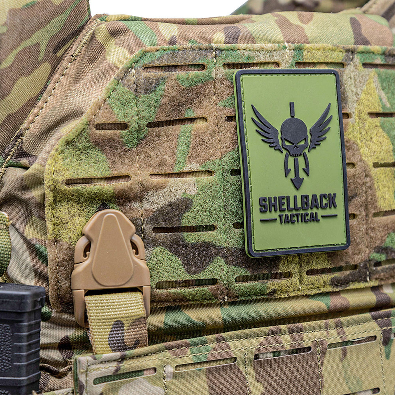 The back of a Shellback Tactical Rampage 2.0 Plate Carrier with a skull and crossbones patch.