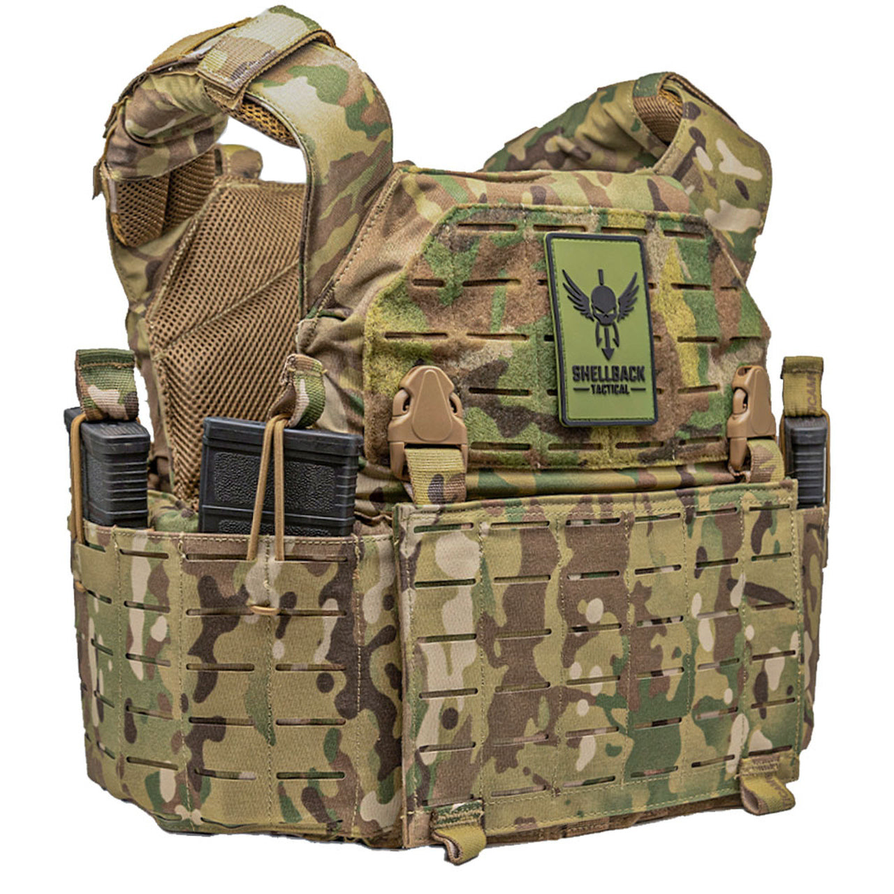 A Shellback Tactical Rampage 2.0 Plate Carrier with multiple compartments.