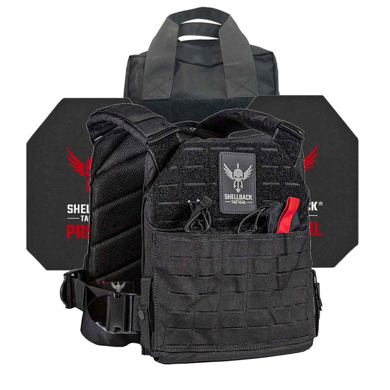 A black Shellback Tactical vest with a bag and a holster.