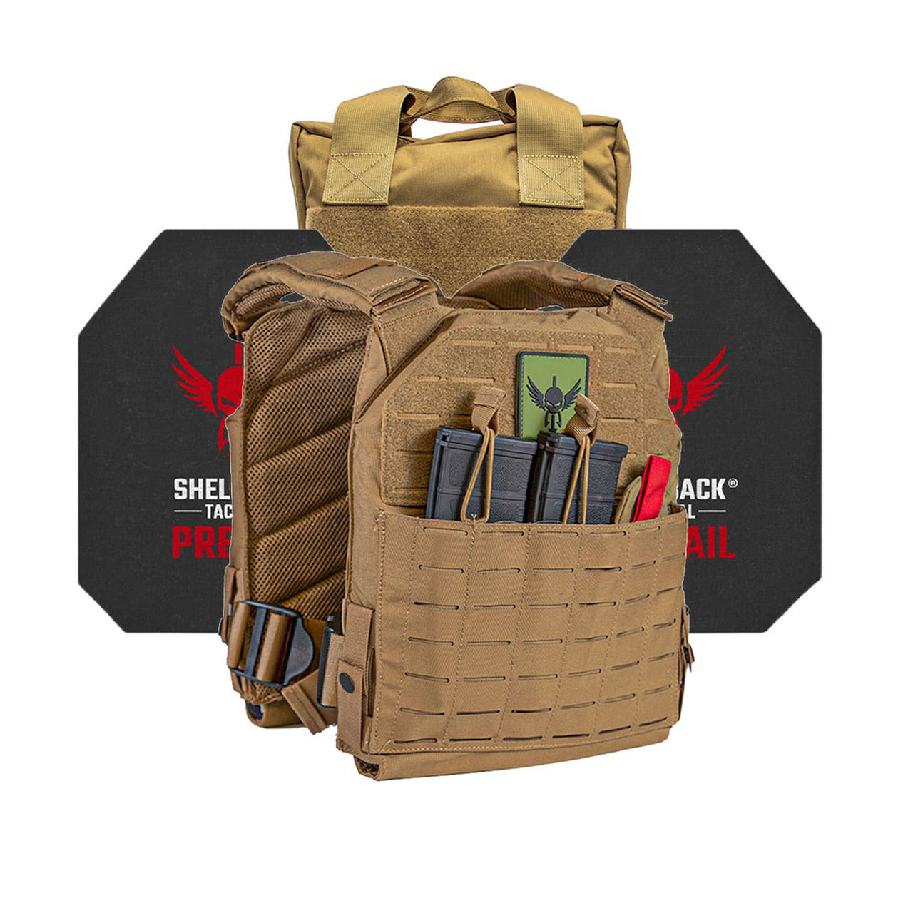 A Shellback Tactical Defender 2.0 Active Shooter Armor Kit with Level IV Model 4S17 Armor Plates tactical vest with a holster and a grenade.