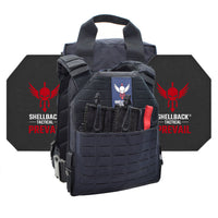Thumbnail for A Shellback Tactical Defender 2.0 Active Shooter Armor Kit with Level IV Model 4S17 Armor Plates plate carrier with a holster on it.
