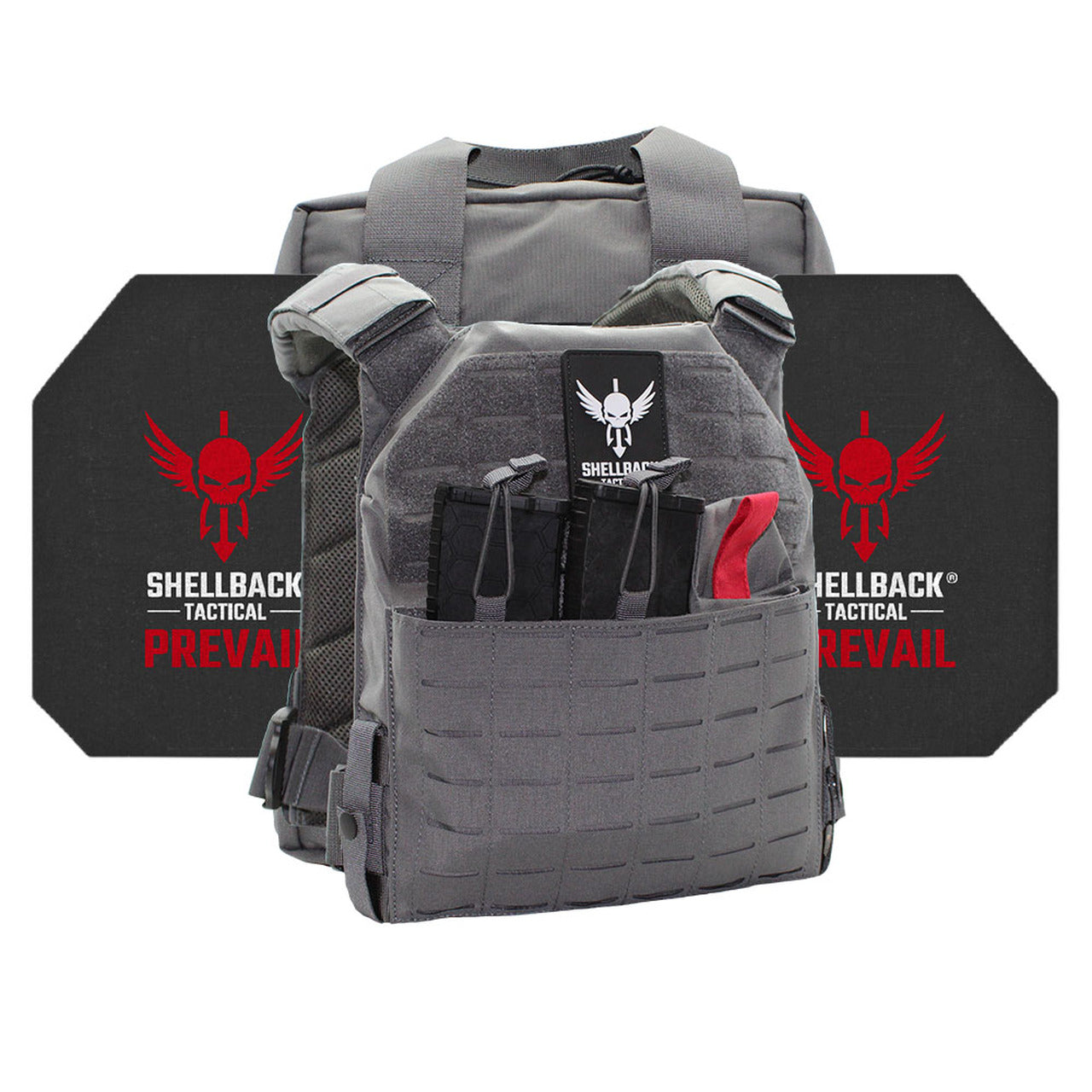 A Shellback Tactical Defender 2.0 Active Shooter Armor Kit with Level IV Model 4S17 Armor Plates vest with a red and black logo on it.