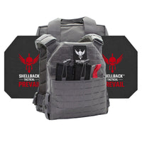Thumbnail for A Shellback Tactical Defender 2.0 Active Shooter Armor Kit with Level IV Model 4S17 Armor Plates vest with a red and black logo on it.