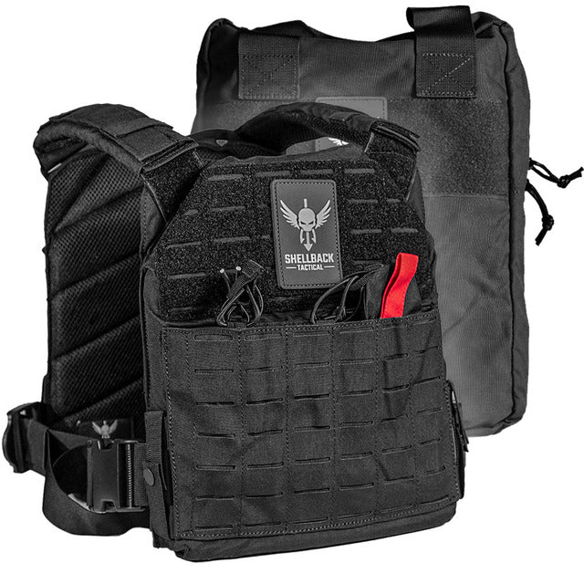 A Shellback Tactical Defender 2.0 Active Shooter Kit plate carrier with two compartments.