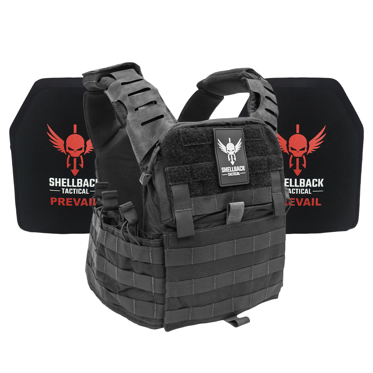 A Shellback Tactical Banshee Elite 2.0 Active Shooter Kit with Level III Single Curve 10 x 12 Hard Armor plate carrier with a red and black logo.