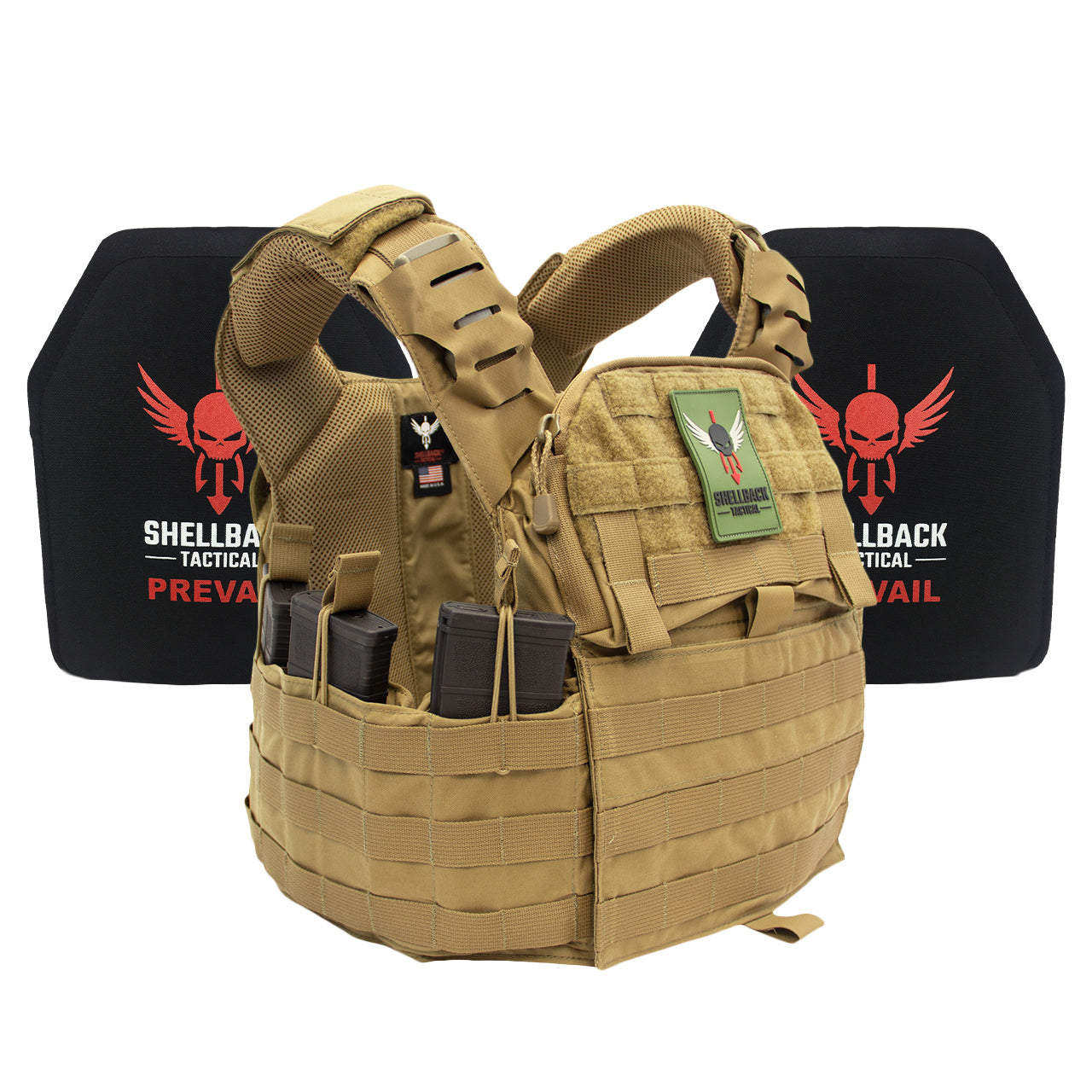 A Shellback Tactical Banshee Elite 2.0 Active Shooter Kit with Level III Single Curve 10 x 12 Hard Armor plate carrier with a holster on it.