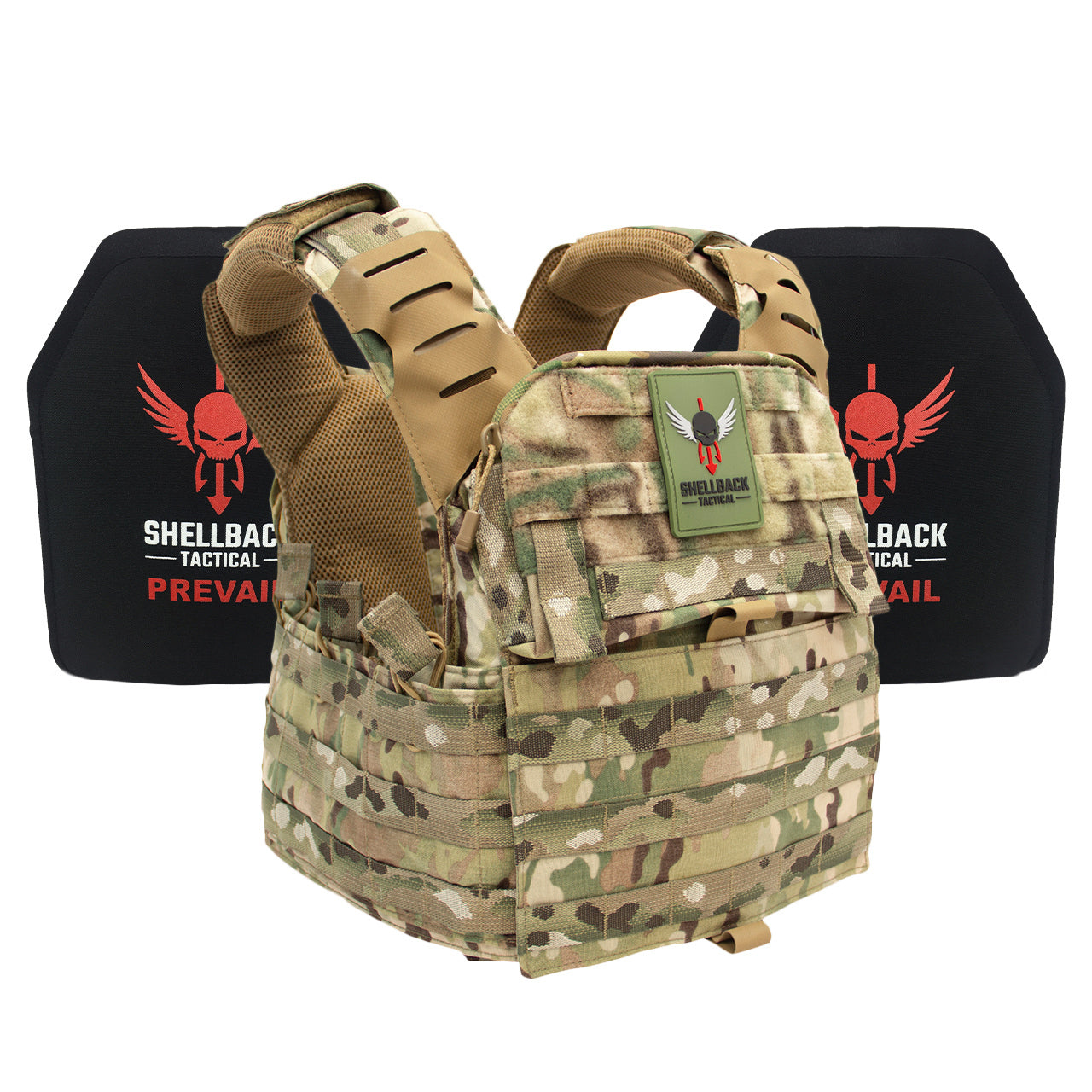 A Shellback Tactical Banshee Elite 2.0 Active Shooter Kit with Level III Single Curve 10 x 12 Hard Armor plate carrier with a plate and a pair of pads.