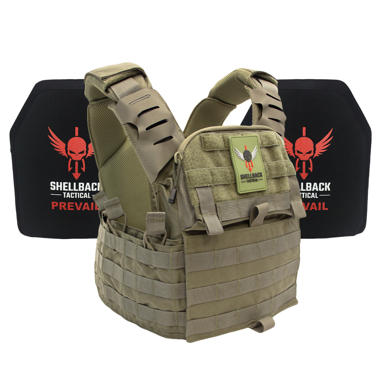 A Shellback Tactical Banshee Elite 2.0 Active Shooter Kit with Level III Single Curve 10 x 12 Hard Armor plate carrier with the word reload on it.