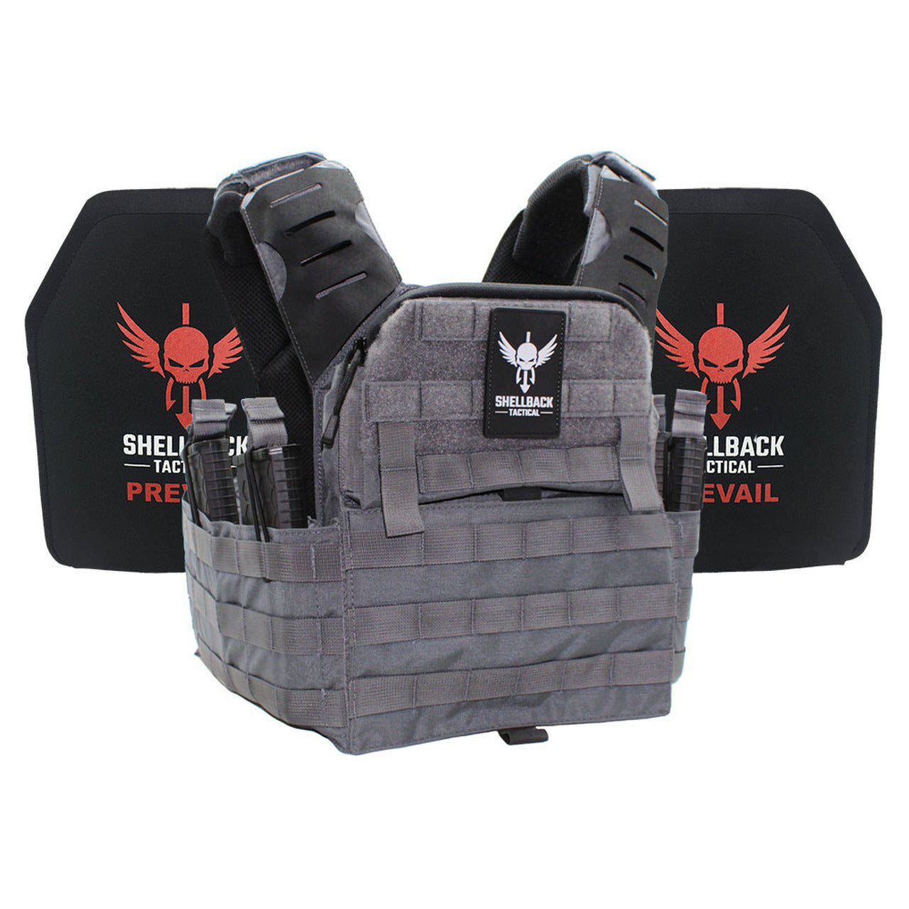 A Shellback Tactical Banshee Elite 2.0 Active Shooter Kit with Level III Single Curve 10 x 12 Hard Armor plate carrier with a red and black logo on it.