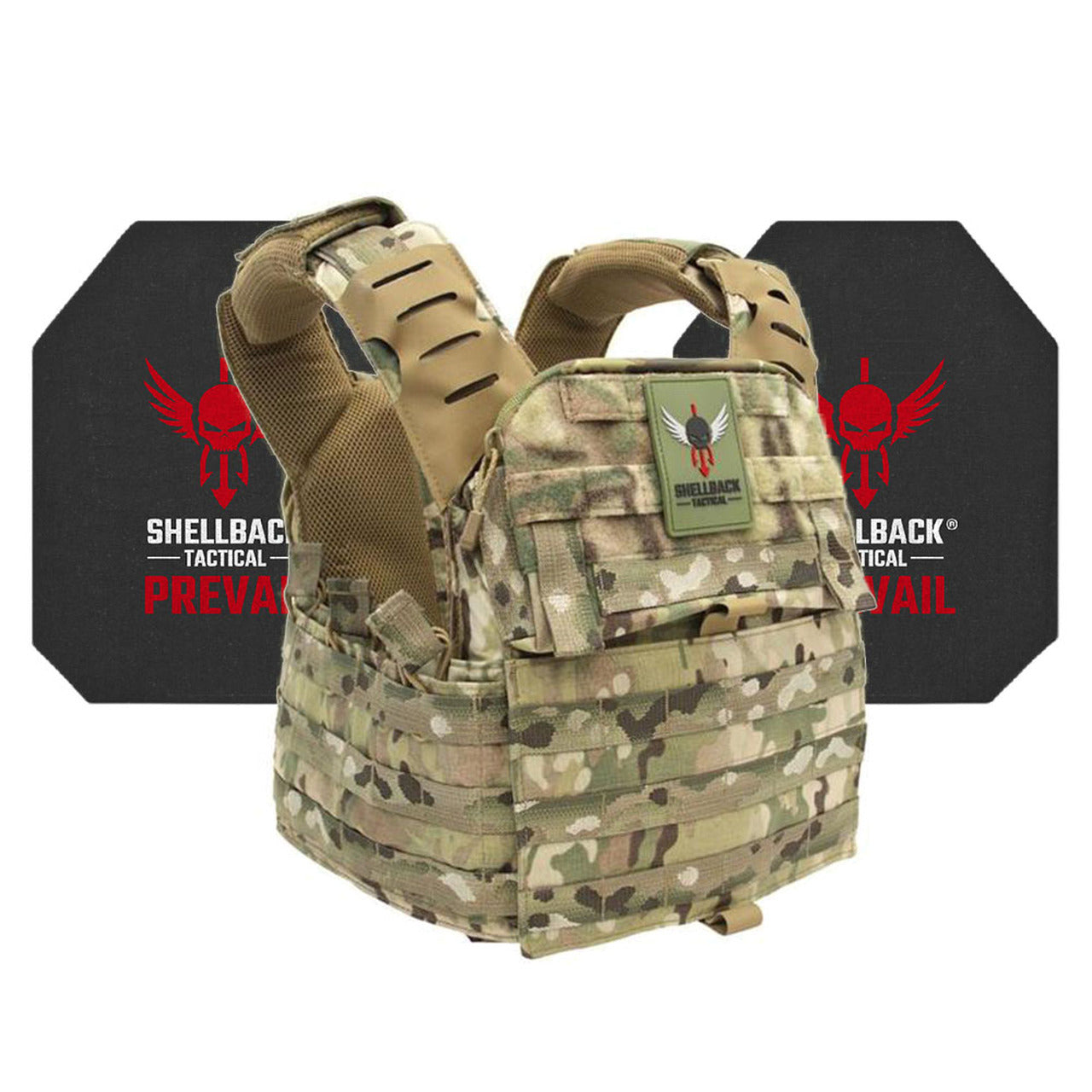 A Shellback Tactical Banshee Elite 2.0 Active Shooter Kit with Level IV Model 4S17 Armor Plates plate carrier with a holster on it.