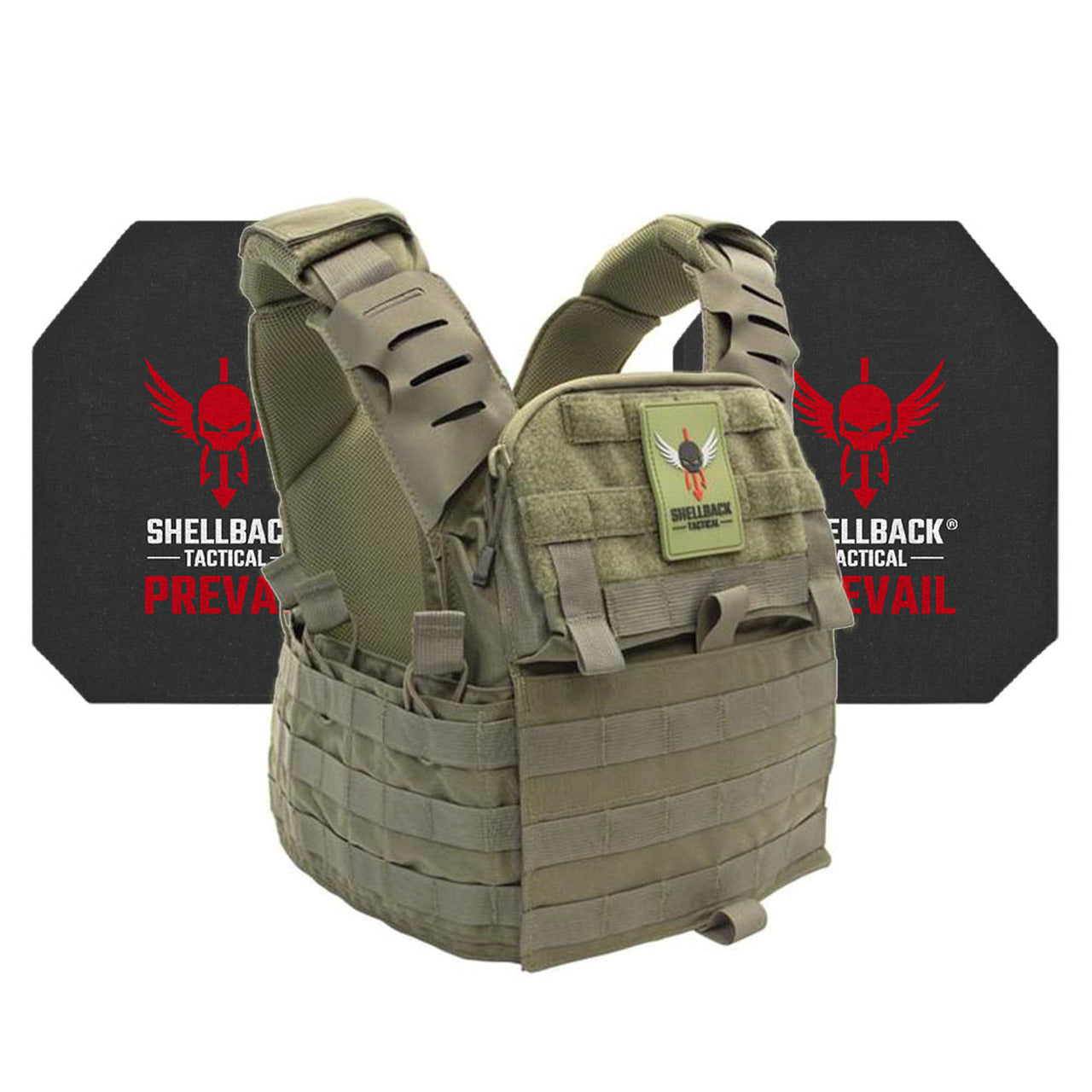 A Shellback Tactical Banshee Elite 2.0 Active Shooter Kit with Level IV Model 4S17 Armor Plates plate carrier with the shieldblack logo on it.