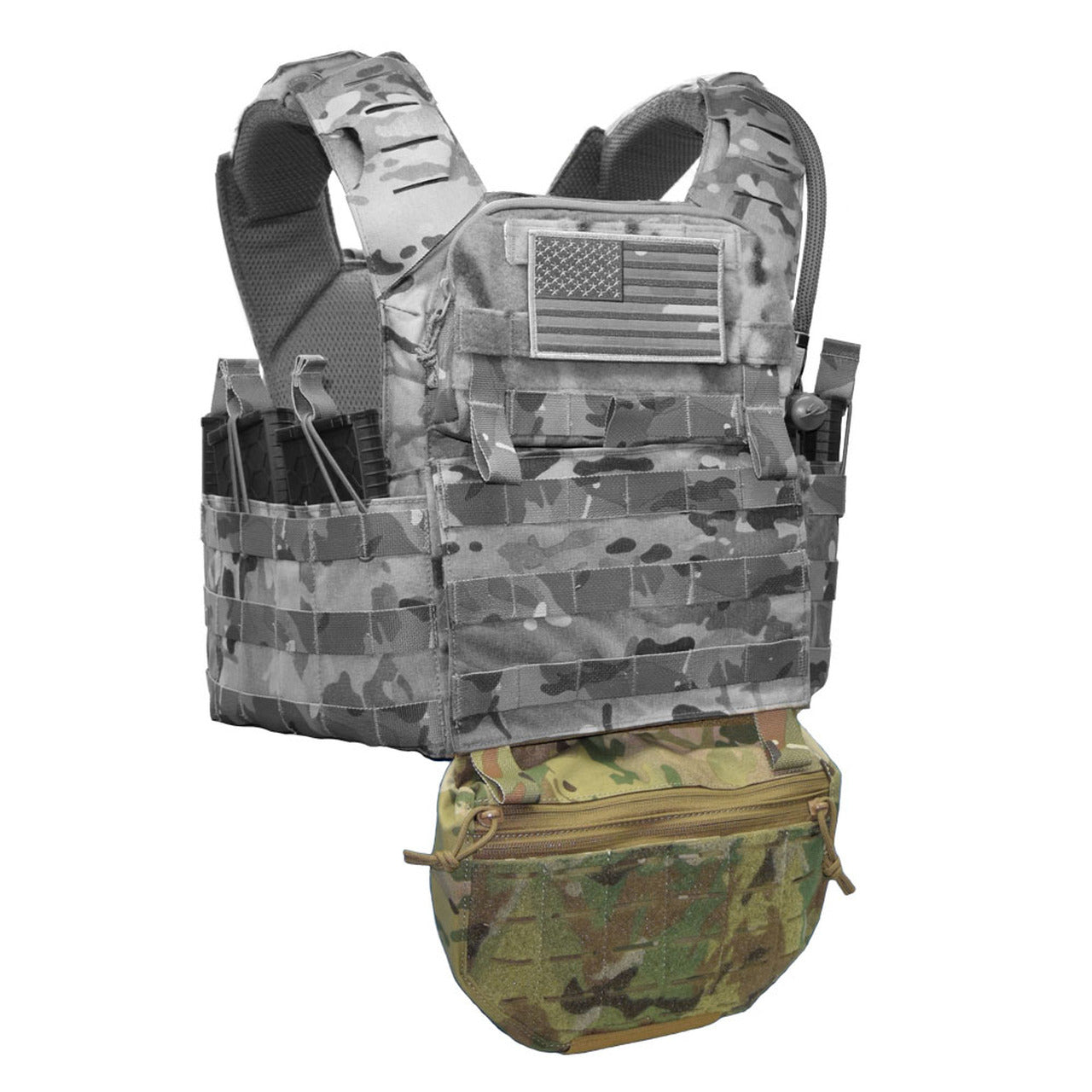 A Shellback Tactical Flap Sac 2.0 plate carrier with an american flag on it.