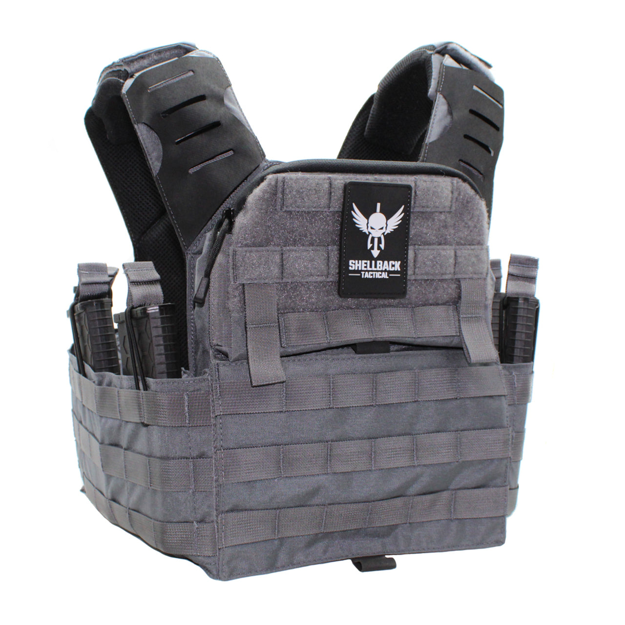 A Shellback Tactical Banshee Elite 2.0 Plate Carrier with multiple compartments.