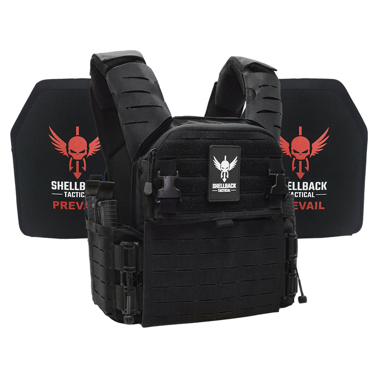 A Shellback Tactical Banshee Elite 3.0 Active Shooter Kit with Level IV 1155 Plates and a red logo on it.