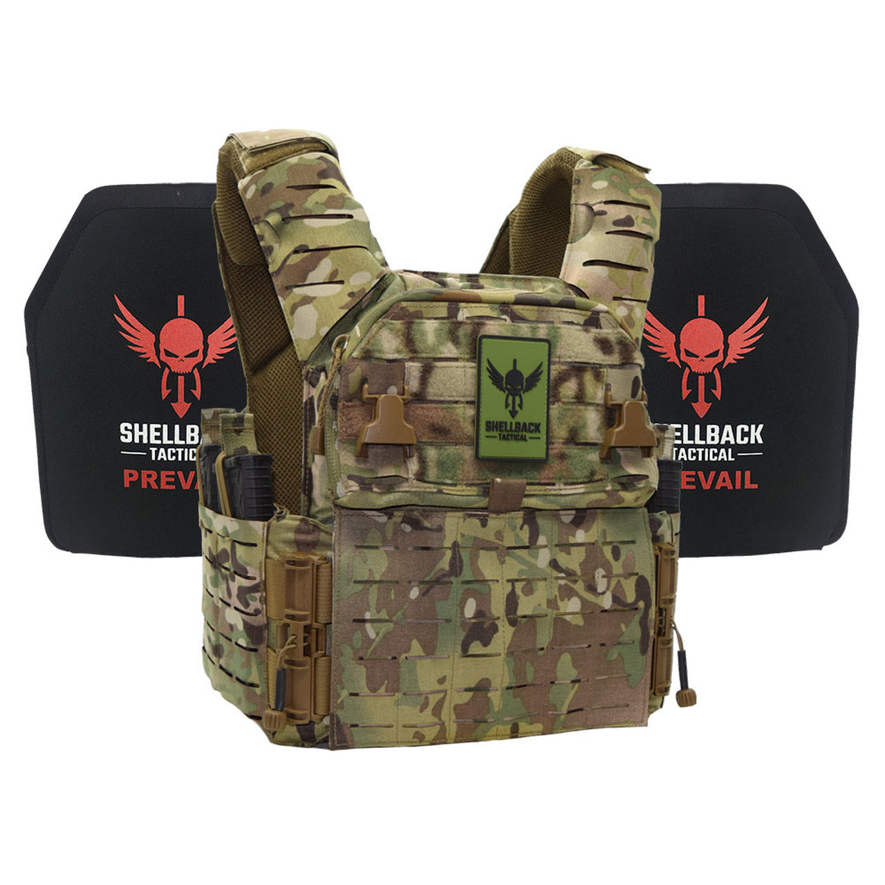 A Shellback Tactical Banshee Elite 3.0 Active Shooter Kit with Level IV 1155 Plates plate carrier with front and back plate protectors.