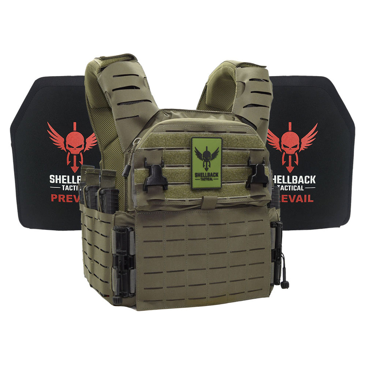 A Shellback Tactical Banshee Elite 3.0 Active Shooter Kit with Level IV 1155 Plates, with a red and black logo on it.