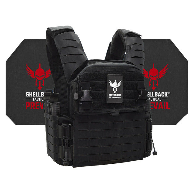 A black Banshee Elite 3.0 Active Shooter Kit with Level IV Model 4S17 Armor Plates vest with the Shellback Tactical logo on it.