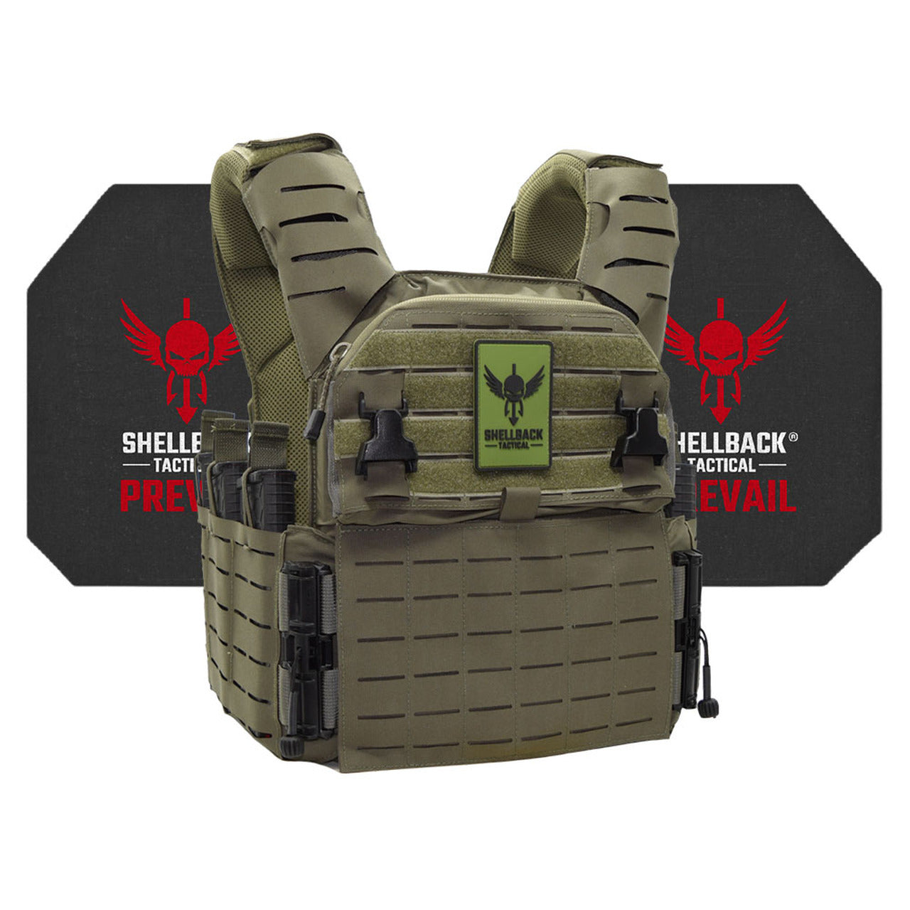 A Shellback Tactical Banshee Elite 3.0 Active Shooter Kit with Level IV Model 4S17 Armor Plates and a red logo on it.