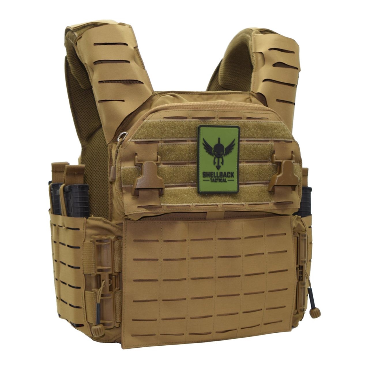 A Shellback Tactical Banshee Elite 3.0 Plate Carrier with a green patch on it.