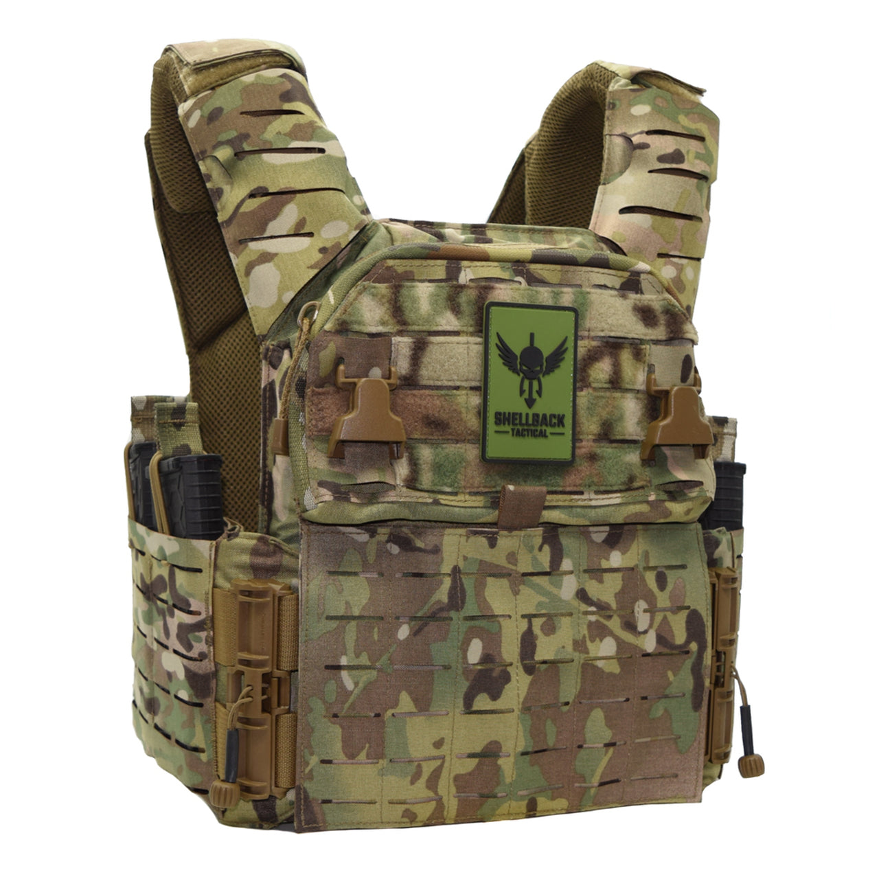 A Shellback Tactical Banshee Elite 3.0 Plate Carrier with a camouflage design.