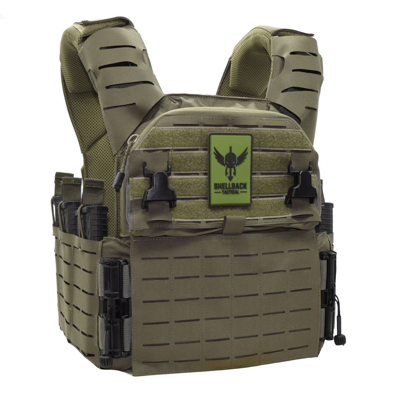 A Shellback Tactical Banshee Elite 3.0 Plate Carrier with a green logo on it.
