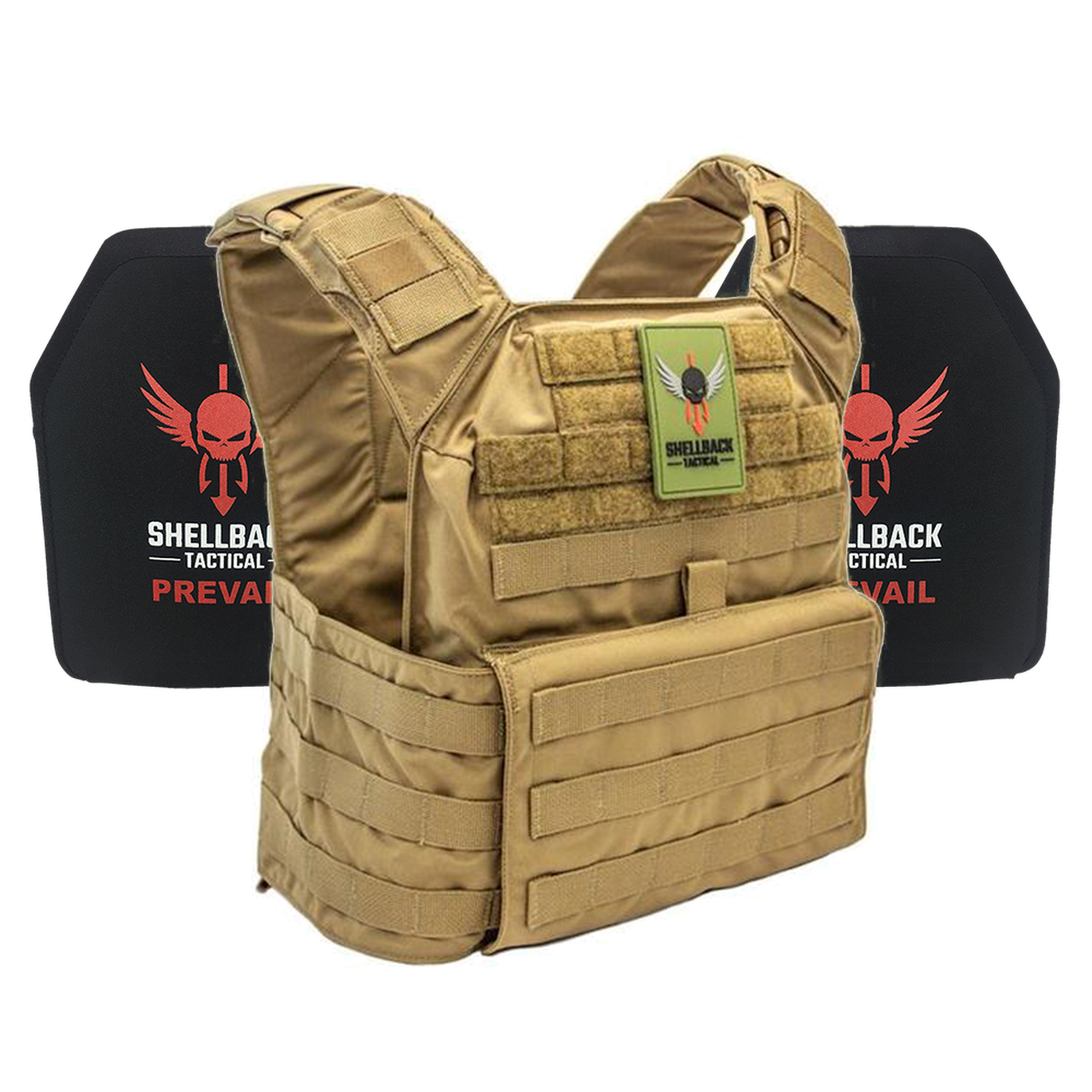 A Shellback Tactical Banshee Active Shooter Kit with Level III Single Curve 10 x 12 Hard Armor plate carrier with a red and black logo.