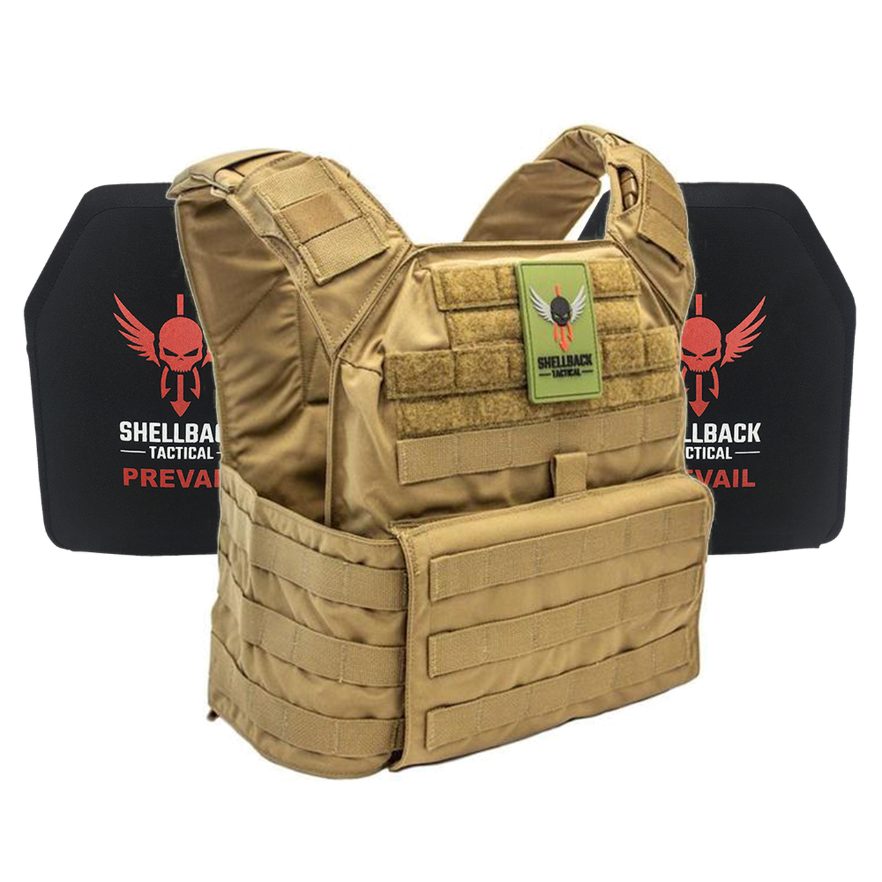 A Shellback Tactical Banshee Active Shooter Kit with Level IV Model 1155 Armor Plates plate carrier with a red and black logo.