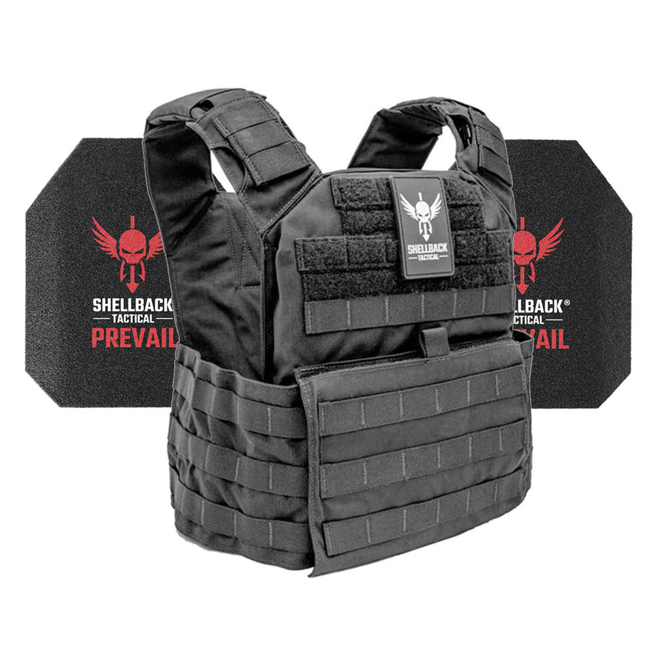 A black vest with a Shellback Tactical Banshee Rifle Level III Armor Kit with AR1000 Steel Plates from Pivotal Body Armor on it.