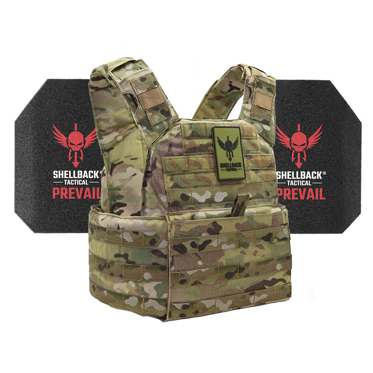 A Shellback Tactical Banshee Rifle Level III Armor Kit with AR1000 Steel Plates plate carrier with a Pivotal Body Armor grenade and a Pivotal Body Armor grenade.