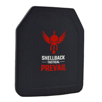 Thumbnail for A black plate with the words Shellback Tactical Prevail Series Level III Single Curve 10 x 12 Hard Armor Plate - Model LON-III-P on it.